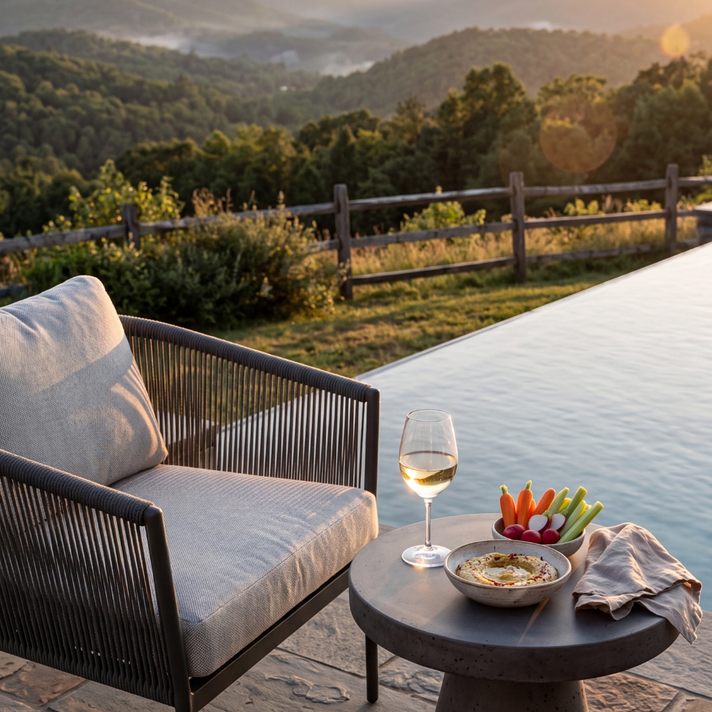Vista para as montanhas à beira da piscina